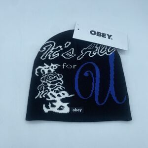 Obey All For You Beanie Mens OSFM Black Graphic Print Logo Skate Knit Casual NWT